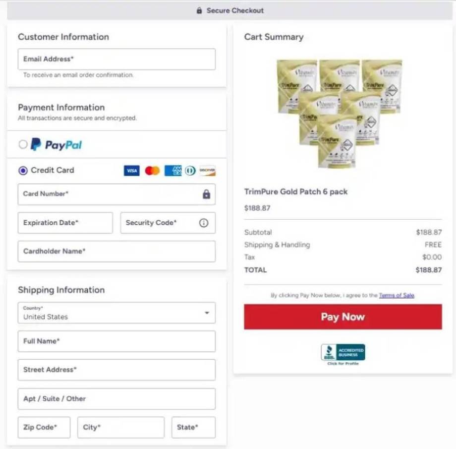 TrimPure Gold Patch payment page demonstrating safe, hassle-free purchase process